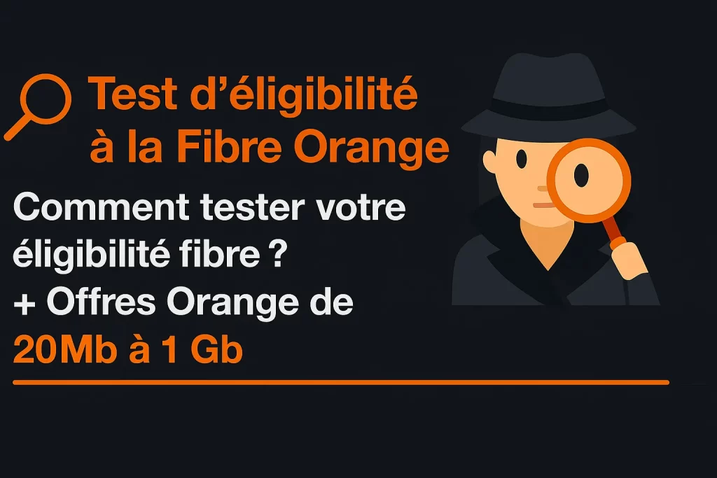 Illustration du test d’éligibilité à la Fibre Orange au Maroc, avec un design sombre et du texte en orange présentant les offres de 20Mb à 1Gb.
