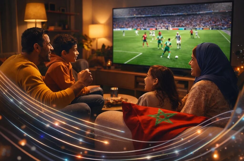 Famille marocaine regardant un match de la CAN à la télévision grâce à la fibre optique FTTH au Maroc avec Orange, inwi et Maroc Telecom