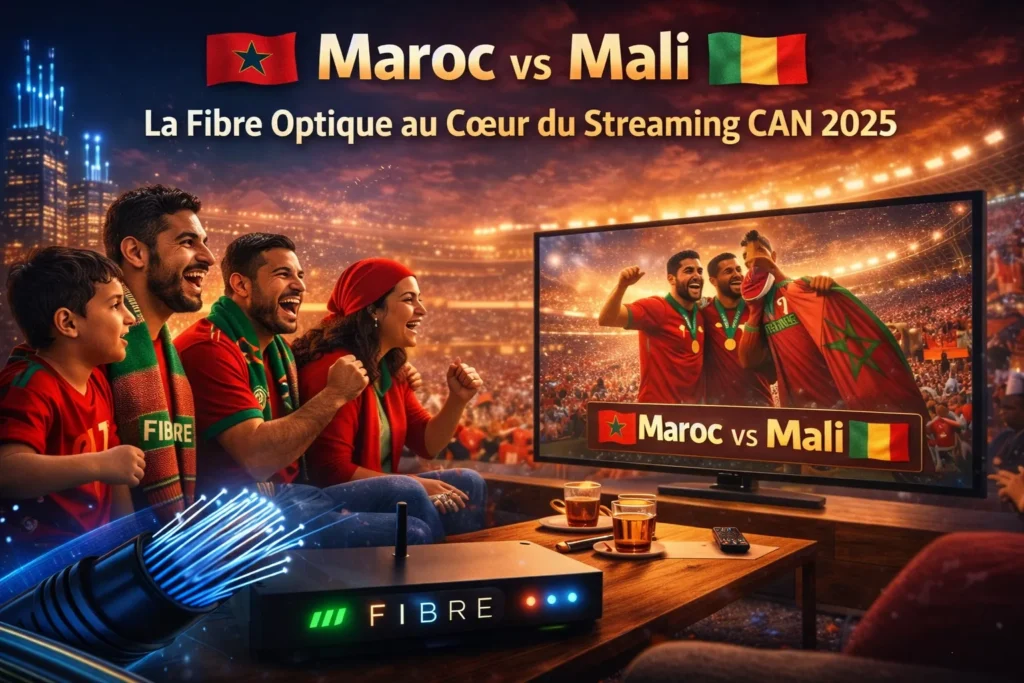 Supporters marocains regardant le match Maroc vs Mali en streaming CAN 2025 grâce à la fibre optique au Maroc
