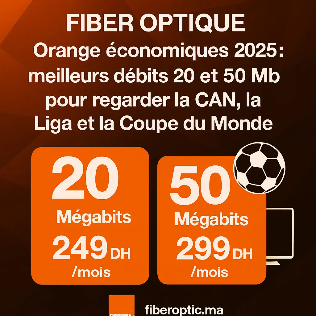 Image des offres Fibre Optique Orange économiques 20 Mb et 50 Mb au Maroc pour le streaming des matchs CAN, Liga et Coupe du Monde en 2025.