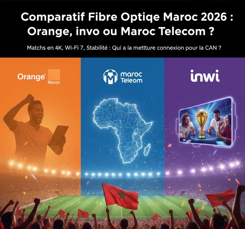 Comparatif Fibre Optique Maroc 2026 : logos Orange, inwi, Maroc Telecom avec une ambiance de salon marocain moderne regardant un match de la CAN sur une Smart TV 4K.