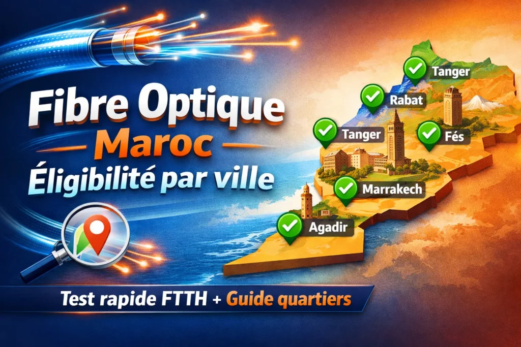 Carte du Maroc illustrant l’éligibilité à la fibre optique par ville avec test FTTH rapide et guide des quartiers