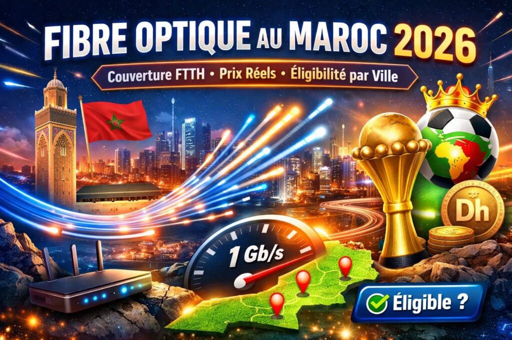 Fibre optique au Maroc 2026 avec couverture FTTH, prix réels des offres Orange, inwi et Maroc Telecom, éligibilité par ville et streaming CAN – Fiberoptic