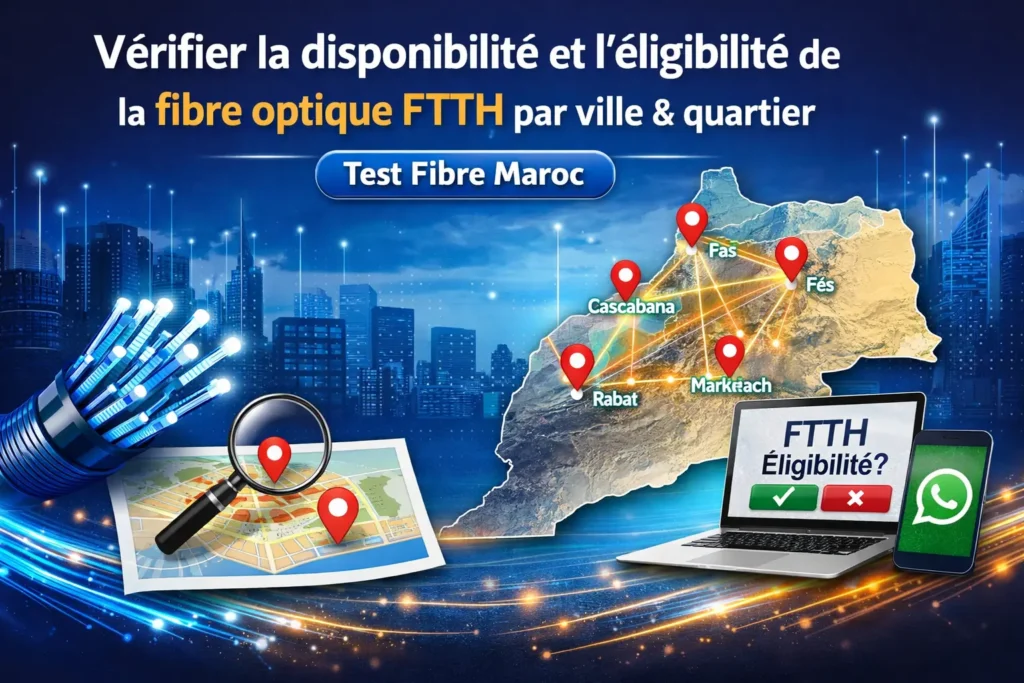 Illustration montrant la vérification de la disponibilité et de l’éligibilité de la fibre optique FTTH au Maroc par ville et quartier, avec une carte du Maroc, des villes connectées par fibre optique et un test fibre en ligne.