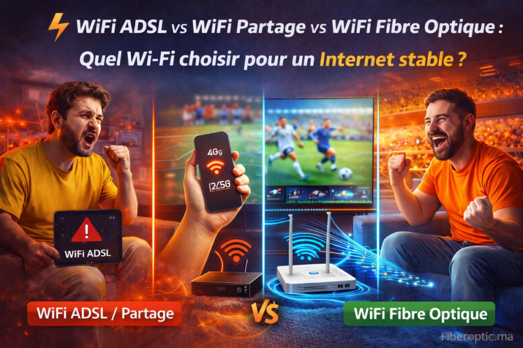Comparaison entre WiFi ADSL, WiFi partage et WiFi fibre optique pour montrer quelle solution permet d’éviter les coupures Internet.