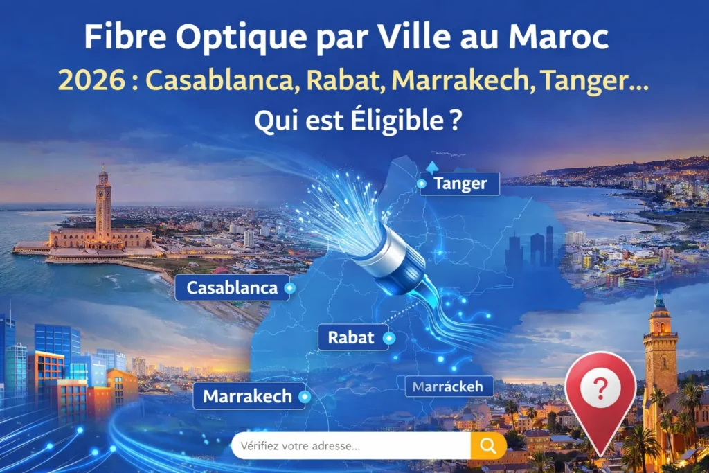 Carte du Maroc montrant la couverture fibre optique en 2026 avec Casablanca, Rabat, Marrakech et Tanger connectées par un câble FTTH lumineux pour vérifier l’éligibilité par quartier.