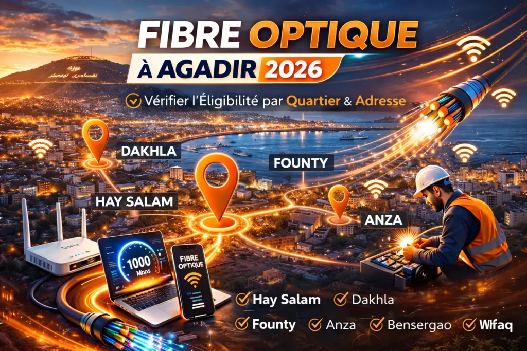 Fibre optique à Agadir 2026 avec test d’éligibilité FTTH par quartier – Hay Salam, Dakhla, Founty, Anza et Bensergao.