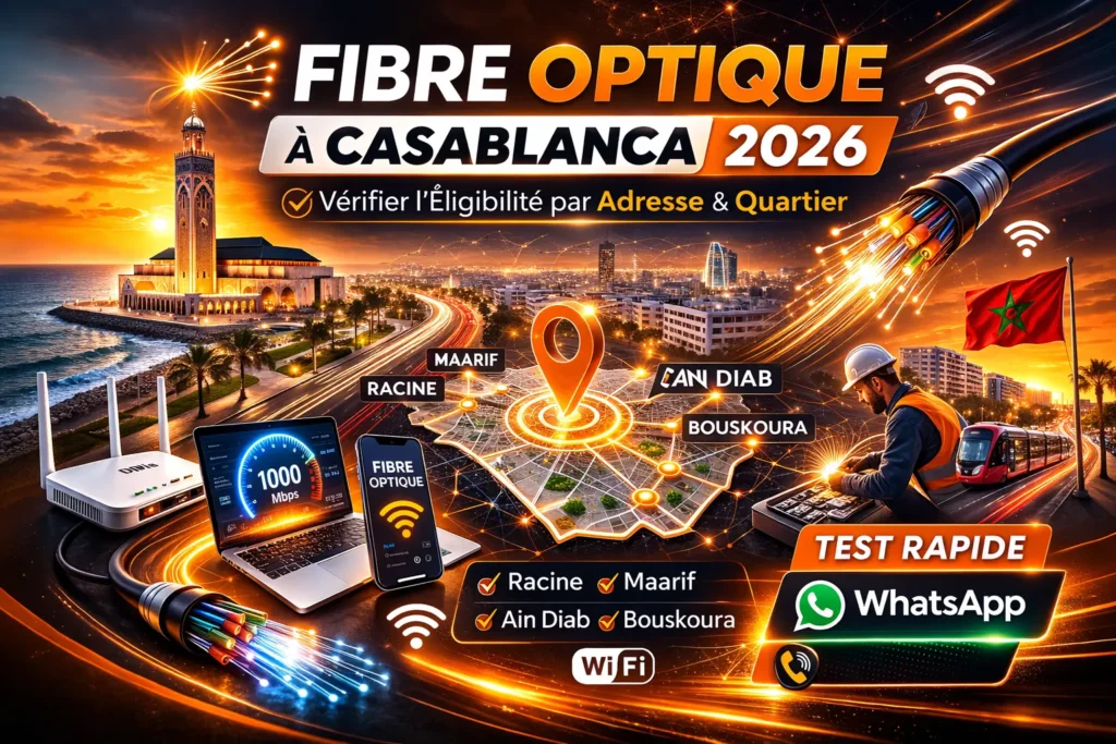 Fibre optique à Casablanca 2026 – Vérifier l’éligibilité fibre par adresse et quartier (Racine, Maarif, Ain Diab, Oulfa, Bouskoura, Dar Bouazza) – Test rapide et meilleures offres FTTH.