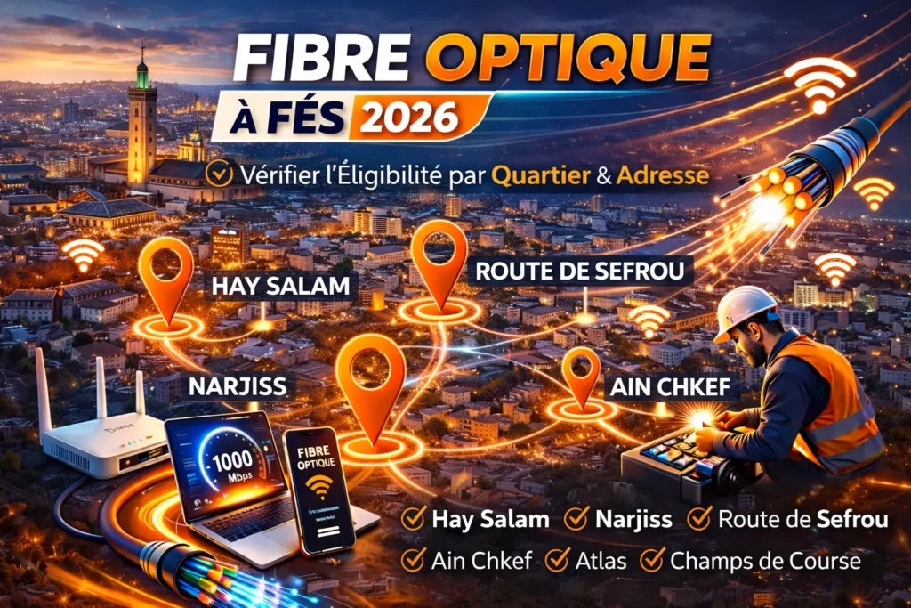Fibre optique à Fès en 2026 avec vérification d’éligibilité FTTH par quartier : Hay Salam, Narjiss, Route de Sefrou, Ain Chkef et Ville Nouvelle.