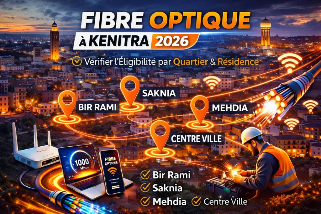 Fibre optique à Kenitra en 2026 avec test d’éligibilité FTTH par quartier Bir Rami, Saknia, Mehdia et Centre Ville.