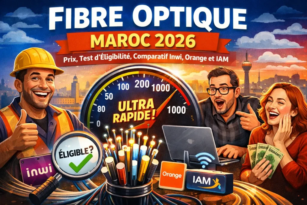 Illustration professionnelle représentant la Fibre Optique Maroc 2026 avec comparatif des prix, test d’éligibilité FTTH et opérateurs Inwi, Orange et Maroc Telecom.