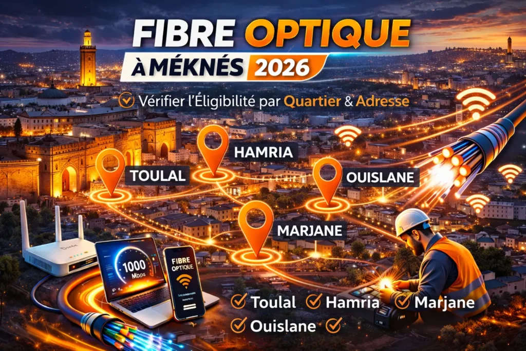 Fibre optique à Meknès en 2026 avec test d’éligibilité FTTH par quartier : Hamria, Toulal, Marjane et Ouislane.