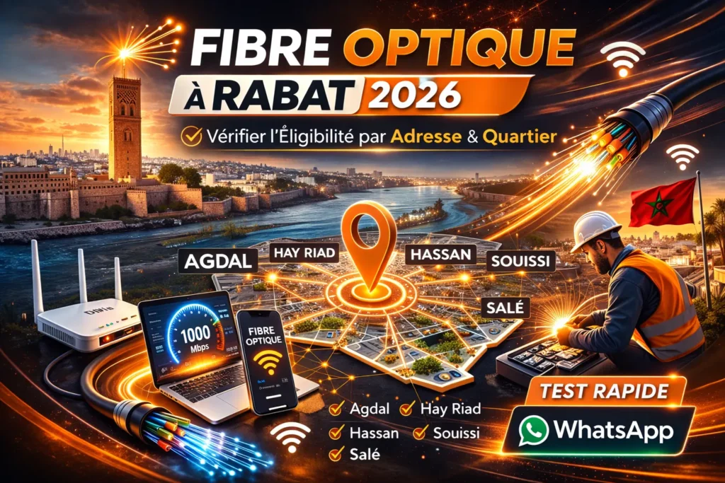 Fibre optique à Rabat 2026 – Vérifier l’éligibilité fibre par adresse et quartier (Agdal, Hay Riad, Hassan, Souissi, Salé, Al Irfane) – Offres FTTH et test rapide.
