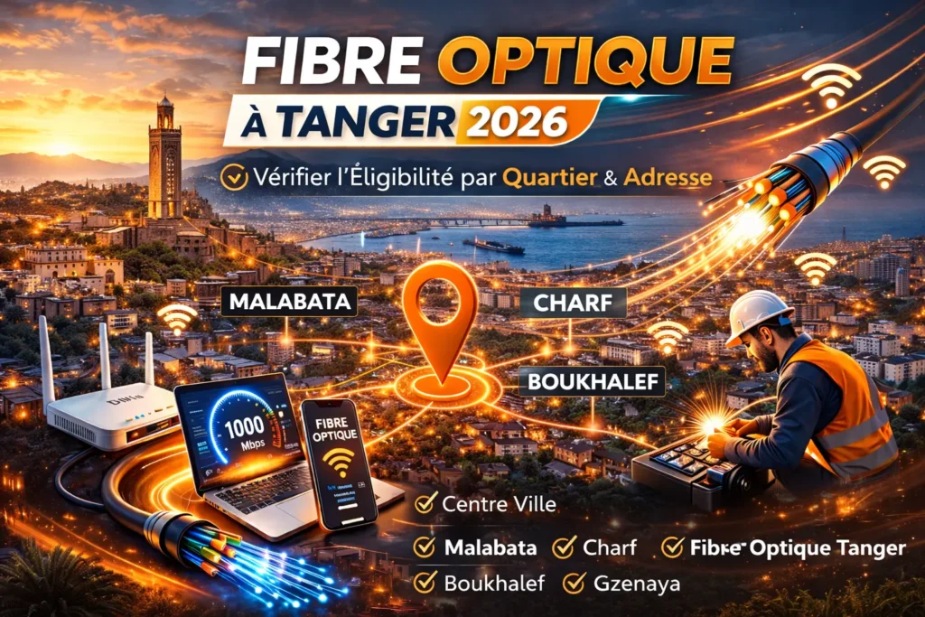 Test fibre optique Tanger 2026 – Éligibilité FTTH par quartier (Malabata, Charf, Boukhalef, Gzenaya, Centre Ville) avec offres et installation rapide.