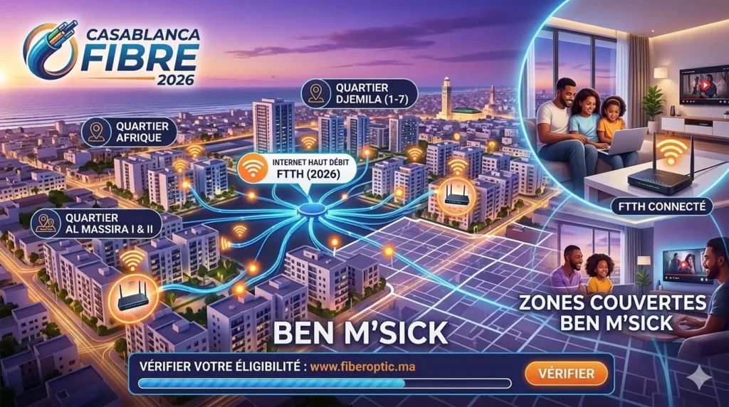 Fibre optique à Ben M'sick Casablanca 2026 – vérifier la disponibilité fibre dans les quartiers Afrique, Massira et Djemila.