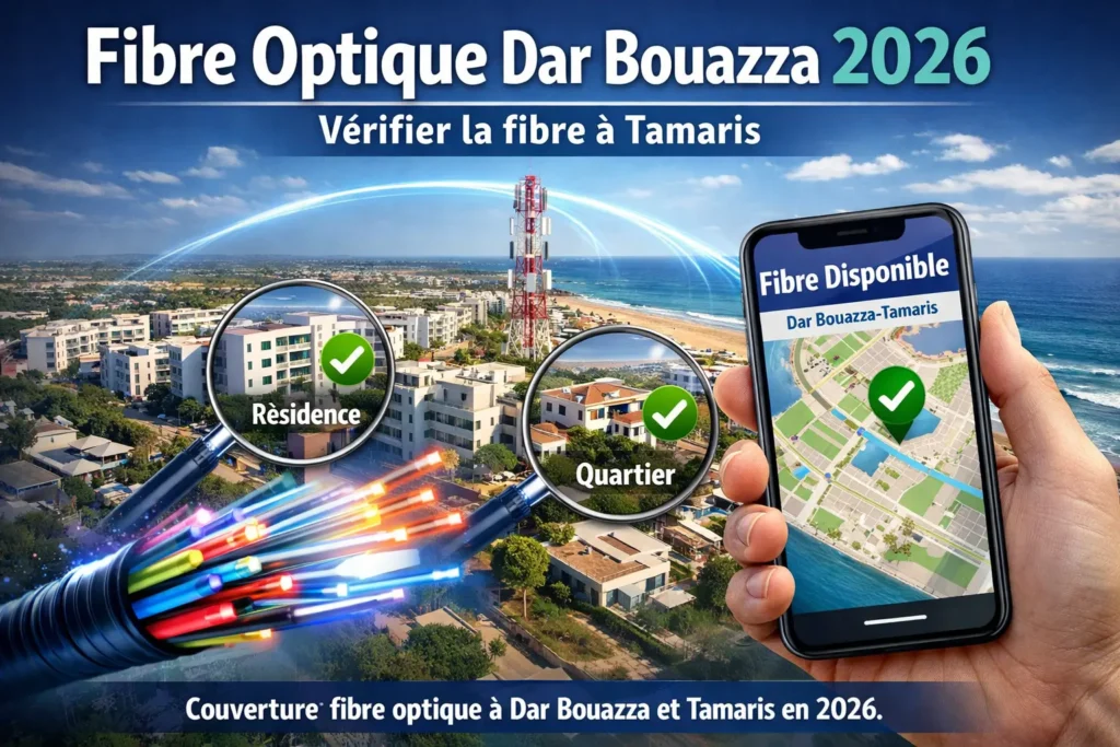 Fibre optique à Dar Bouazza et Tamaris 2026 – vérifier la disponibilité fibre dans les résidences et quartiers.
