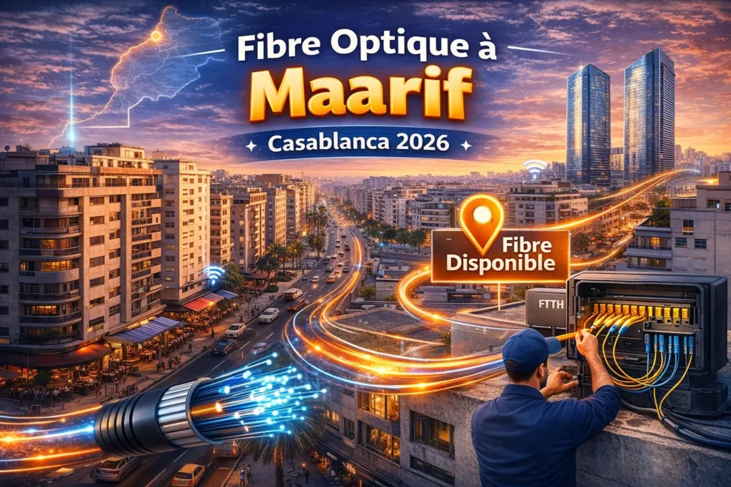 Fibre optique à Maarif Casablanca 2026 – vérifier la disponibilité fibre dans les quartiers Palmier, Val Fleuri et Maarif Centre.