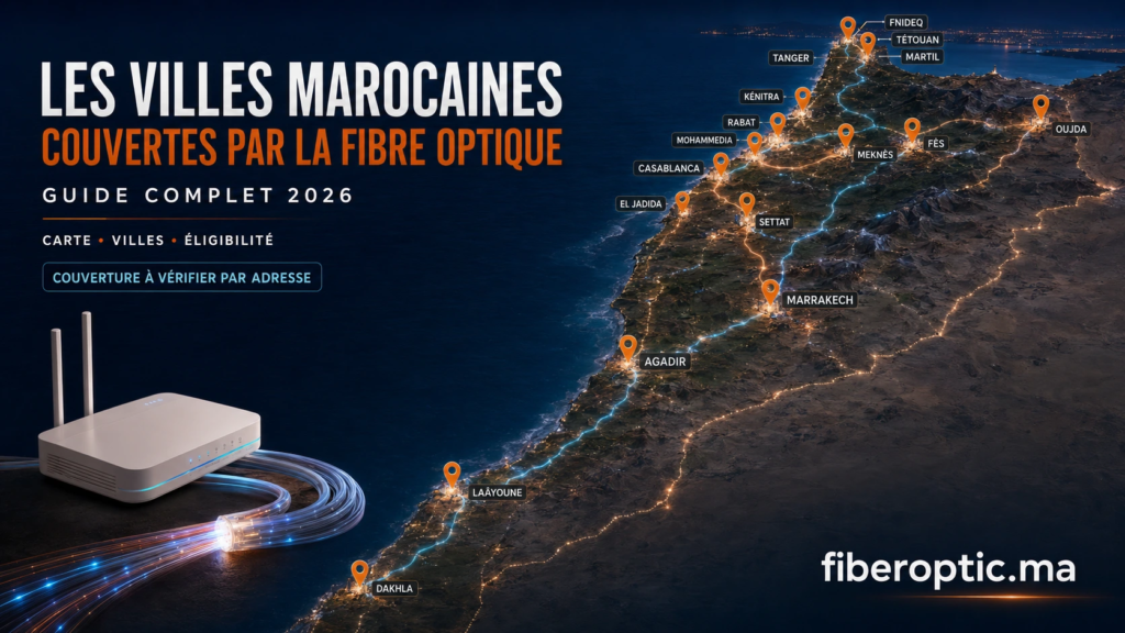 Carte des villes marocaines couvertes par la Fibre Optique en 2026 avec Casablanca, Rabat, Tanger, Agadir, Laâyoune et Dakhla.