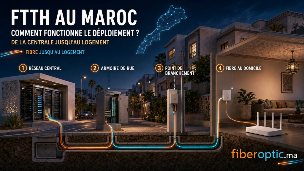 FTTH au Maroc : fonctionnement du déploiement de la fibre optique depuis le réseau central jusqu'au logement.