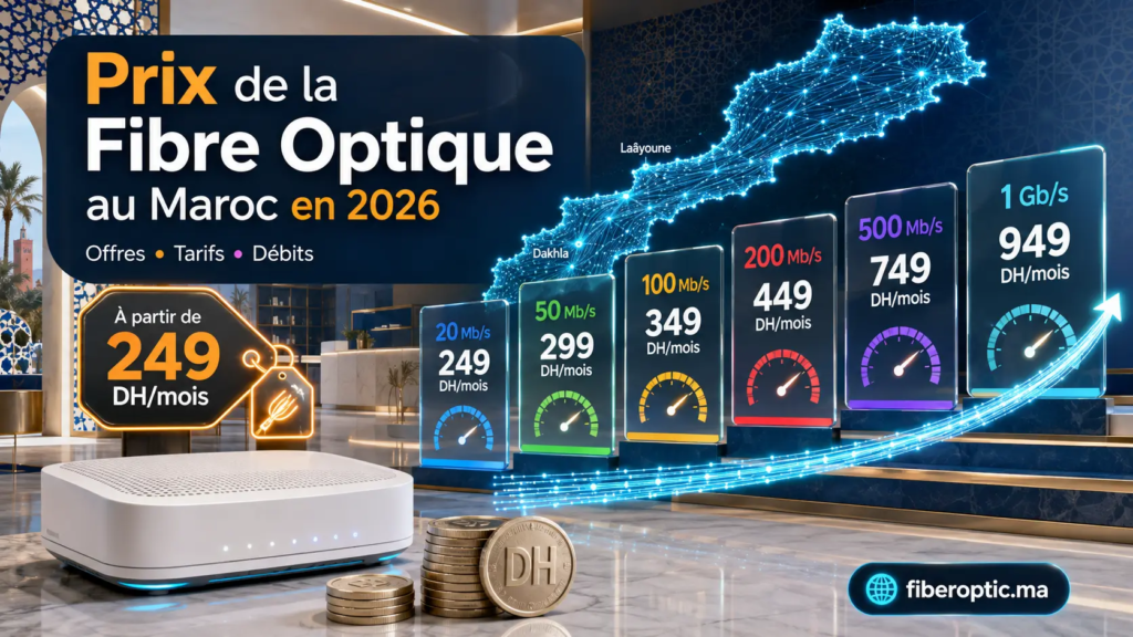 Prix de la Fibre Optique au Maroc en 2026 avec les offres, tarifs et débits de 20 Mb/s à 1 Gb/s